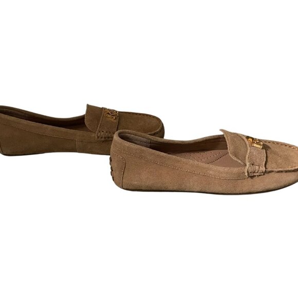 Lauren Ralph Lauren Barnsbury Tan Suede Driving Loafer Sz 7 Leather Logo Preppy - Picture 6 of 8
